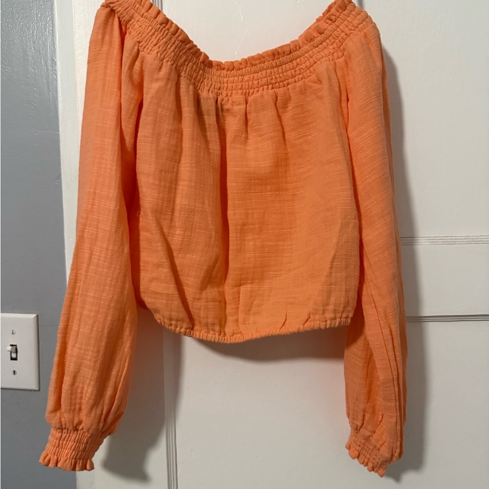 Forever 21 Orange Smocked Long Sleeve Blouse